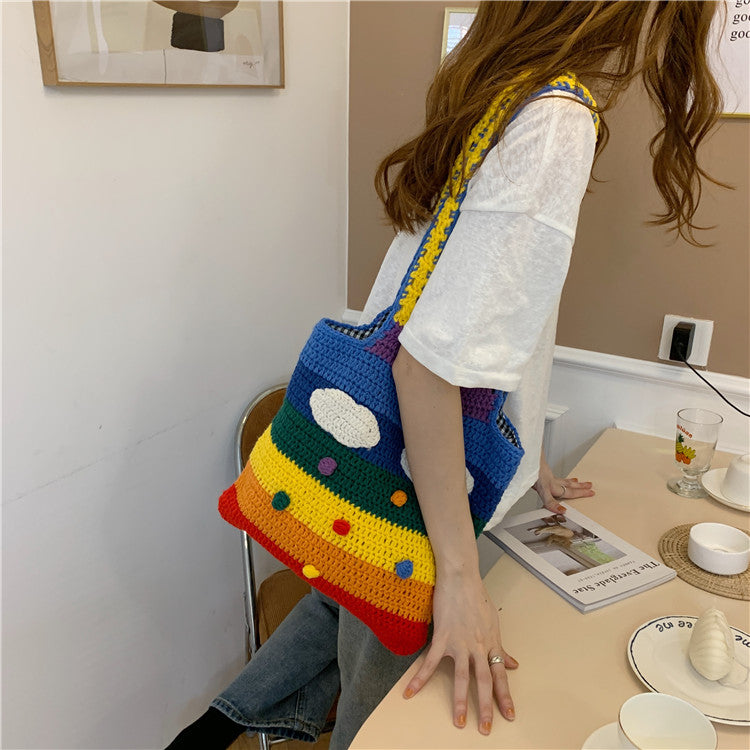 Rainbow Knit Large Capacity Tote Bag